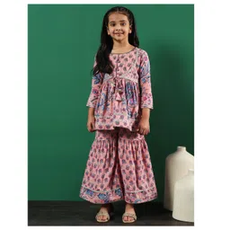 READIPRINT Three Fourth Sleeves Floral  Printed Cotton Kurta With Sharara - Peach-picture-12