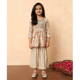 READIPRINT Three Fourth Sleeves Floral Printed Silk Kurta &  Sharara -  Cream-picture-20