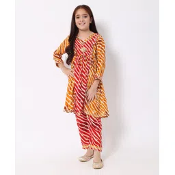 READIPRINT Three Fourth Sleeves Gota Flower Embellished Leheriya Anarkali Kurta With Coordinating Salwar - Yellow-picture-25