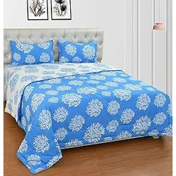 REALDREAM Super Soft Glace Cotton King Size Ac Comforter || Blanket || Duvet for Double Bed with 1 Flat Bedsheet and 2 Pillow Cover (Blue White Floral)-picture-30
