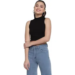 Realglimpse Women Black Solid High Neck Cotton Crop Top-picture-31