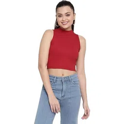 Realglimpse Women Ribbed High Neck Sleeveless Cotton Fitted Crop Top-picture-35