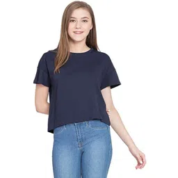 realglimpse Women Solid Round Neck Cotton Blend Blue T-Shirt-picture-11