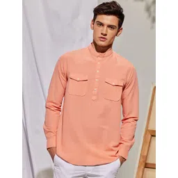 Red Flame Band Collar Pure Cotton Kurta-picture-36