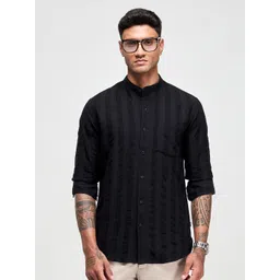 Red Flame Men Band Collar Textured Cotton Casual Shirt-picture-17