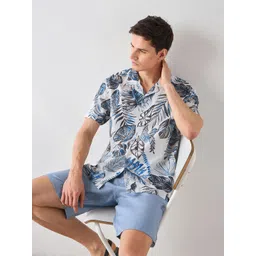 Red Flame Men Cuban Collar Floral Printed Cotton Casual Shirt-picture-26