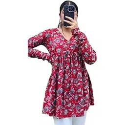 Red Floral Peplum Top for Women – Cotton Blend V-Neck, Casual, Party & Office Wear-picture-15