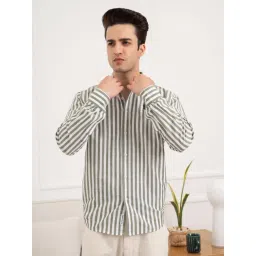 Red Tape Olive Cotton Striped Regular Fit Shirt-image-9