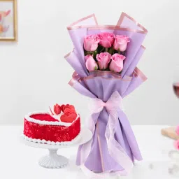Red Velvet Heart Cake With Pink Rose Bouquet-picture-51