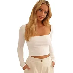redamancii Solid Square Neck Full Sleeve Regular Fit Casual Ribbed Crop Top for Women-picture-23