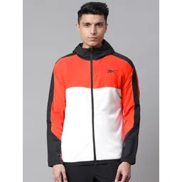 Reebok Men Red & White Workout Ready Fleece Full-Zip Colourblocked Hooded Jacket-picture-10