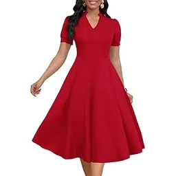 reshma creations Women's V-Neck A-Line Dress, Short Puff Sleeves, Knee Length-picture-24