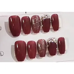 Reusable 12 pcs Coffin Shape Artificial Fake Nail Set | Lightweight, Long-lasting, Easy To Use, specially handmade (Maroon)-picture-34