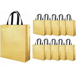 Reusable Nonwoven Golden Gift Bags with Handles – Luxury Metallic Tote Bags for Parties, Festivals (Diwali, Eid, Christmas), Corporate Giveaways [Golden, 9X10X4 Inch, Pack Of 10]-picture-16
