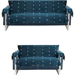 Reversible Quilted Sofa Cover Dark Teal and Light Teal | Anti-Slip 3 Seater + 2 Seater with Armt Rest Sofa Protector with Golden Thread & Leaf Design for L-Shape Sofa Seat-picture-10