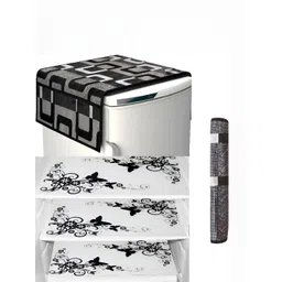REVEXO Black & White 5 Pieces Printed Fridge Top Cover With Handle Covers & Mats-picture-37