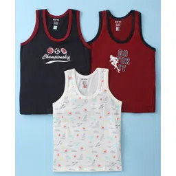 Revvo Junior Cotton Knit Sleeveless Set of Vests Beach Theme Print Pack of 3 -Maroon White & Black-picture-22