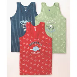 Revvo Junior Cotton Knit Sleeveless Vest with Sport Theme Text Print Pack of 3 - Green Red & Navy Blue-picture-27
