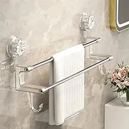 REWOP No-Drill Towel Rack for Bathroom, Towel Holder in Bathroom, Wall Mounted Bathroom Towel Rack – Suction Cup Double Rod Wall Shelf for Towels & Clothes (14 Inch)-picture-16