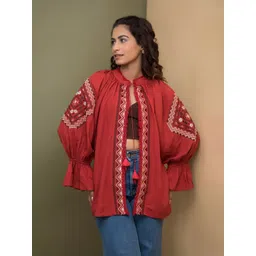 Rhe-Ana Geometric Embroidered Tie-Up Shrug-picture-10
