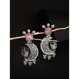 RHOSYN German Silver-Plated Stones Studded & Beaded Crescent Shaped Drop Earrings-picture-30