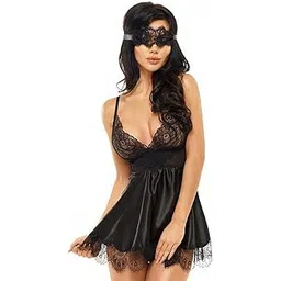 rich lust Women’s Strappy Babydoll Lingerie Set with Eye Mask Role Play Mini Satin Camisole Sleeveless Nightwear for Anniversary & Valentine Night Dress-picture-27