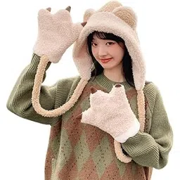 richmen Women Winter Hat Scarf with Gloves Set for Girls Cute Fur Woolen Warm Hooded Bear Design Beanie Cap-picture-23