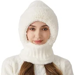 richmen Women Winter Knitted Pompom Hat Soft Fleece Inside Fur Beanie Skull Cap | 3 in 1 Warm Hat Attached Neck Cover and Mask Earflap Hood for Women & Girls-picture-13