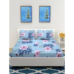 RIDHAAN Blue & Navy Blue Floral 300 TC Queen Bedsheet with 2 Pillow Covers-picture-22