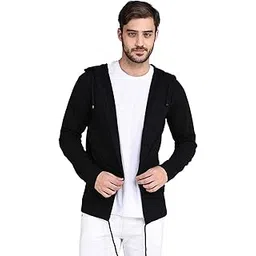 rigo Men Black Hooded Long Sleeves Cotton Slim Fit Open Long Cardigan | Full Sleeves Shrug for Men-picture-13