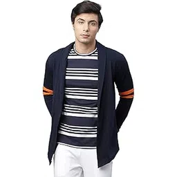 rigo Men Cotton Navy Blue Shrug with Contrast Detailing Open Long Cardigan-picture-40