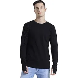 rigo Round Neck Cotton Men's Tshirt with Thumbhole-Long Sleeve Black-picture-53