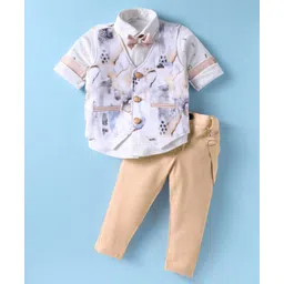 Rikidoos Full Sleeves Abstract Printed 3 Piece Party Suit With Suspender & Bow Set - White & Beige-picture-18