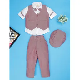 Rikidoos Full Sleeves Solid 3 Piece Party Suit Set With Bow & Cap - Red & White-picture-24