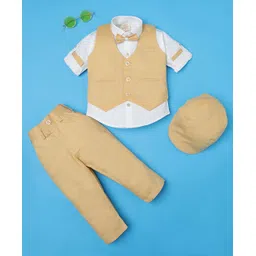 Rikidoos Full Sleeves Solid 3 Piece Party Suit Set With Bow & Cap - White & Fawn-picture-25