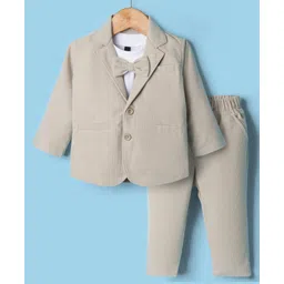 Rikidoos Full Sleeves Solid 3 Piece Party Suit Set With Bow - Beige & White-picture-20