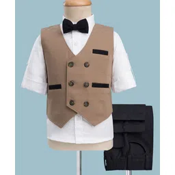 Rikidoos Full Sleeves Solid 3 Piece Party Suit Set With Bow - Dark fawn & Black-picture-17