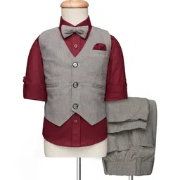Rikidoos Full Sleeves Solid 3 Piece Party Suit Set With Bow - Maroon & Grey-picture-16