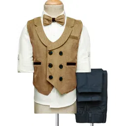 Rikidoos Full Sleeves Solid 3 Piece Party Suit Set With Bow - White & Khaki-picture-22