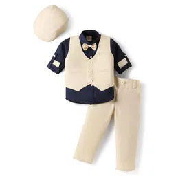 Rikidoos Full Sleeves Solid 3 Piece Party Suit Set With Cap & Bow - Beige & Navy Blue-picture-29
