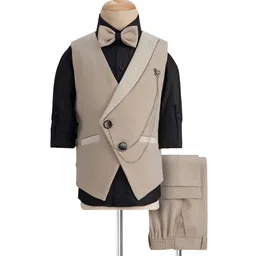 Rikidoos Full Sleeves Solid 3 Piece Party Suit With Bow Set - Beige & Black-picture-29