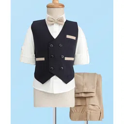Rikidoos Full Sleeves Solid 3 Piece Party Suit With Bow Set - Navy Blue & Beige-picture-15