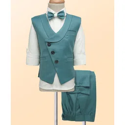 Rikidoos Full Sleeves Solid 3 Piece Party Suit With Bow Set - White & Sea Green image 1