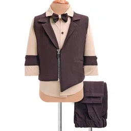 Rikidoos Full Sleeves Solid 3 Piece Suit Set With Bow - Brown & Khaki-picture-11