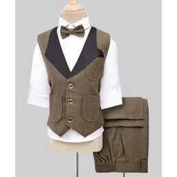 Rikidoos Full Sleeves Solid 3 Piece Suit Set With Bow - Khaki & White-picture-10