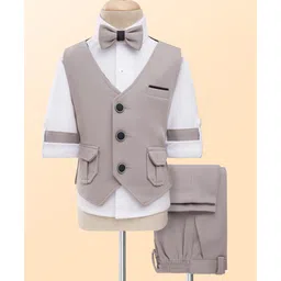 Rikidoos Full Sleeves Solid 3 Piece Suit Set With Bow - Light Grey & White-picture-38