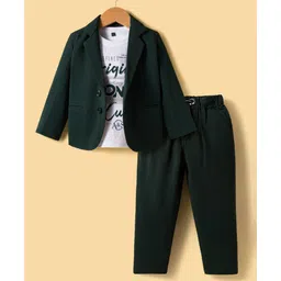 Rikidoos Full Sleeves Solid Blazer With Typography Printed Tee & Pant Set - Green & White-picture-12
