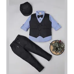 Rikidoos Full Sleeves Striped 3 Piece Party Suit Set With Bow & Cap - Black & Light Blue-picture-23