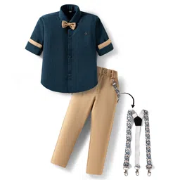 Rikidoos Full Sleeves Textured Shirt & Pant With Suspender & Bow Set - Peacock & Fawn-picture-10