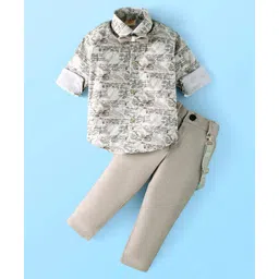 Rikidoos Full Sleeves Typography Printed Shirt & Pant Set With Bow & Suspender - Light Olive-picture-20